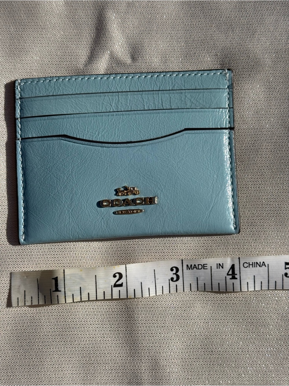 COACH Light Blue Leather Slim Card Holder with Gold Logo - Picture 2 of 4